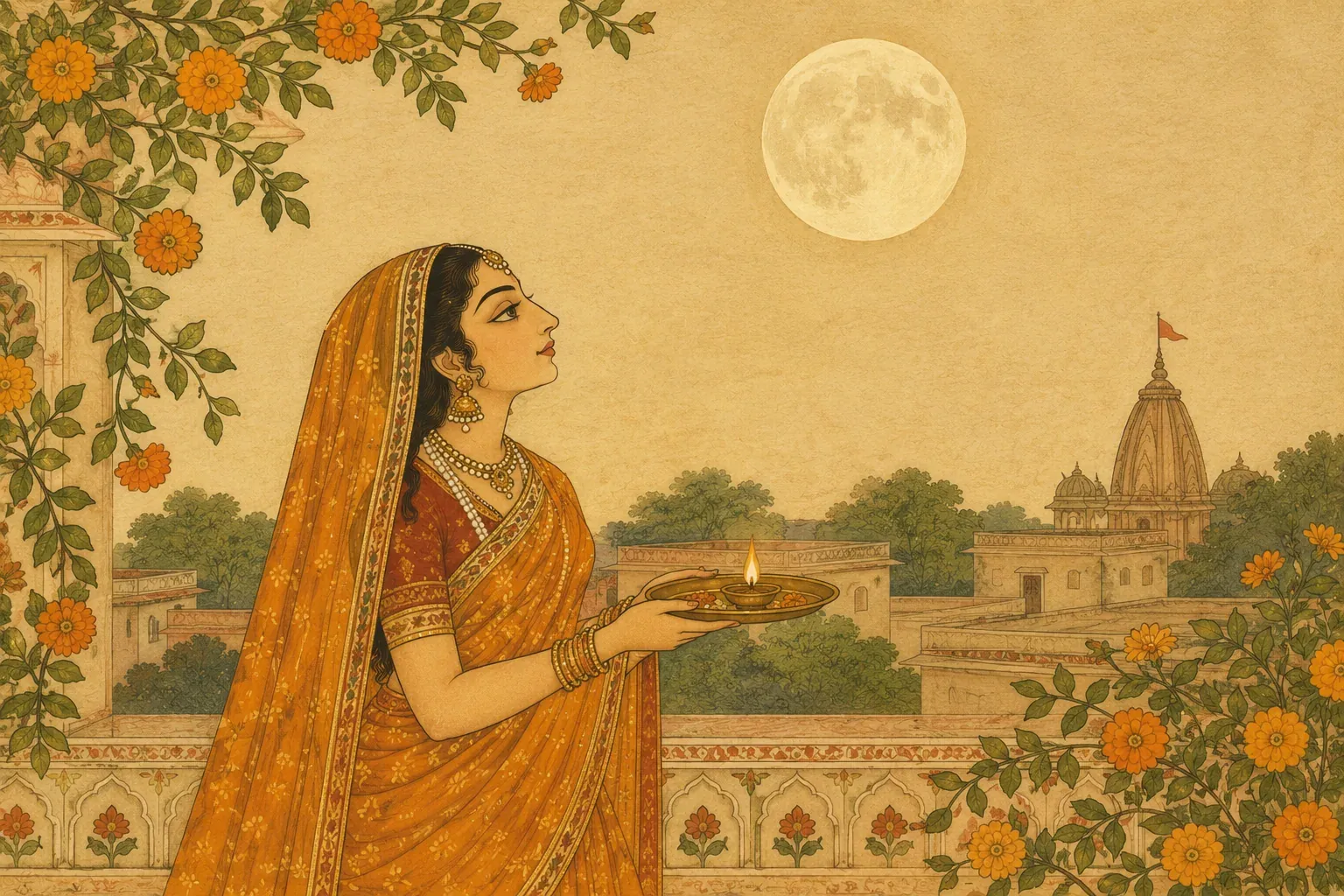 A very large full moon over a river at night, two small figures standing at the water's edge.