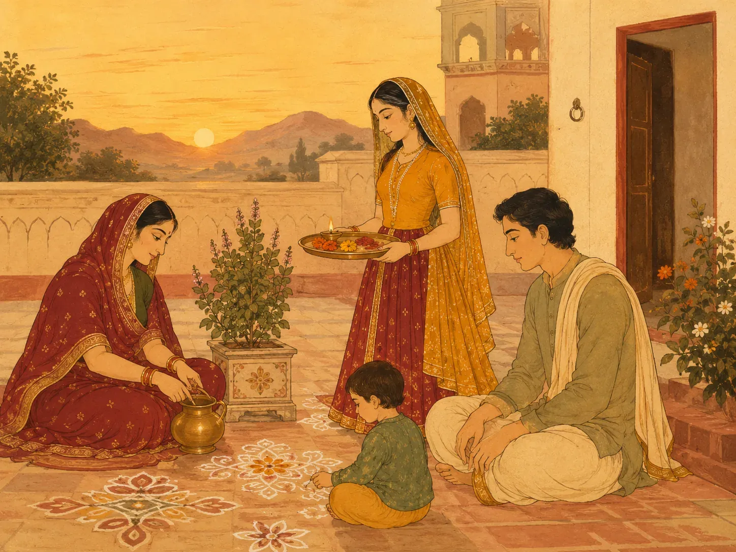 A family gathered in a courtyard just after sunrise, one woman holding a thali, rangoli patterns on the floor.