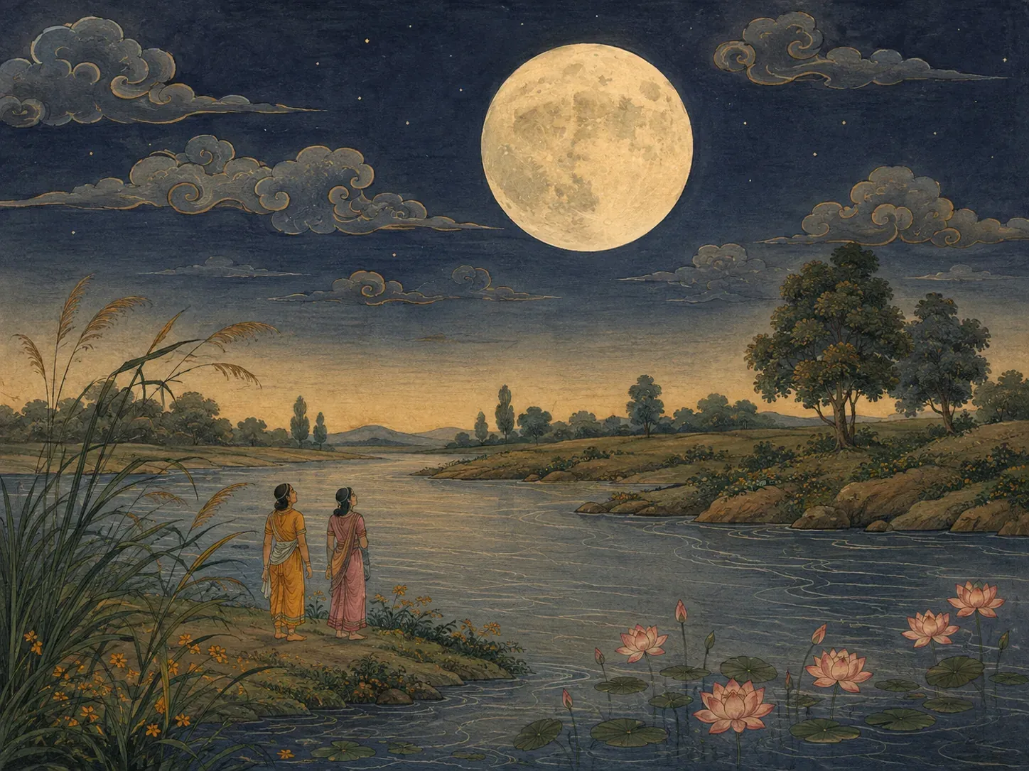A very large full moon over a river at night, with two small figures standing at the water's edge among lotuses.