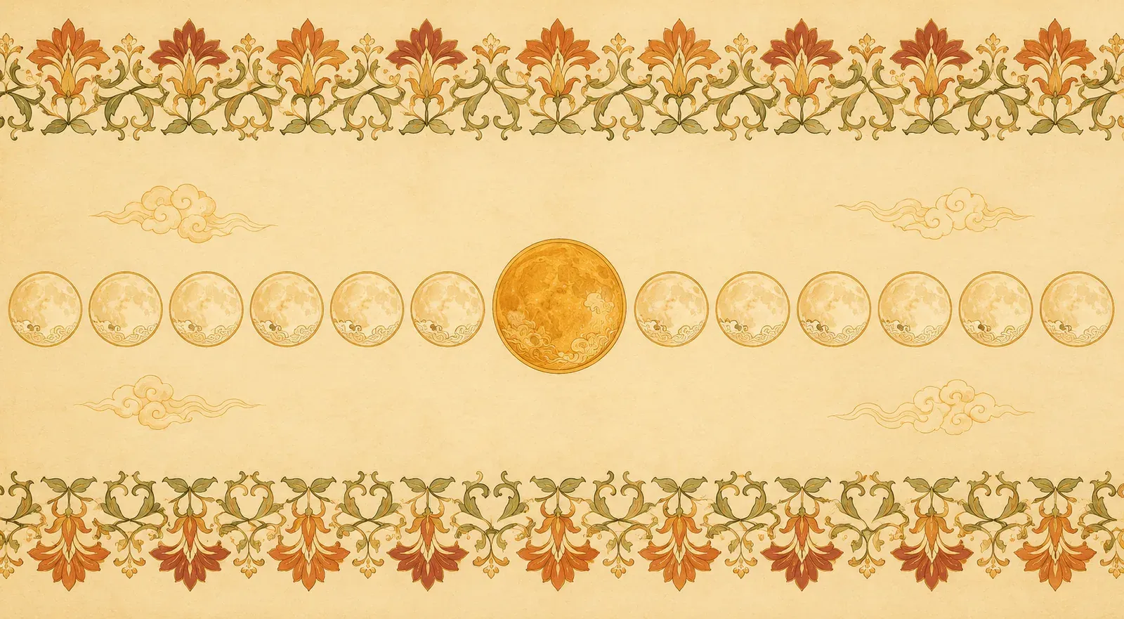 A decorative band of thirteen moons in a row, the central one larger and painted gold.