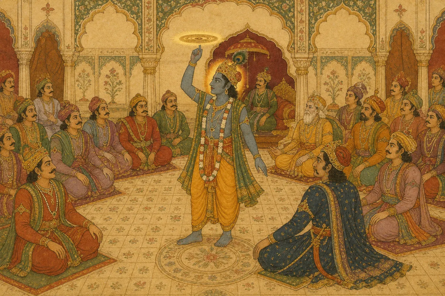 राजसभा में नीले वर्ण के कृष्ण एक हाथ उठाए खड़े हैं, हथेली के ऊपर सुनहरा चक्र घूम रहा है।