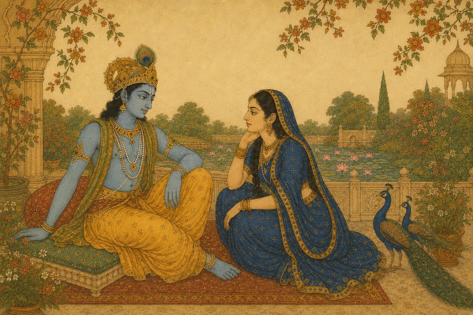 बाग़ की छत पर कृष्ण और द्रौपदी साथ बैठकर बातें कर रहे हैं, पास में मोर।