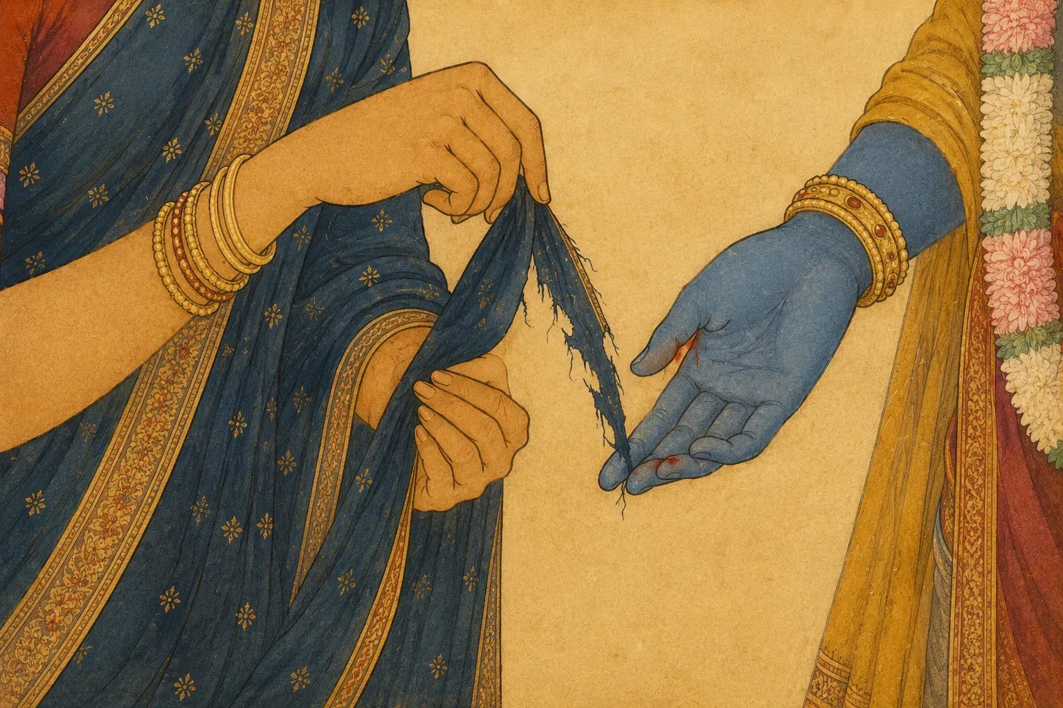 स्त्री के चूड़ियों वाले हाथ गहरे नीले रंग की साड़ी से पट्टी फाड़ रहे हैं, पास में नीले वर्ण का हाथ।