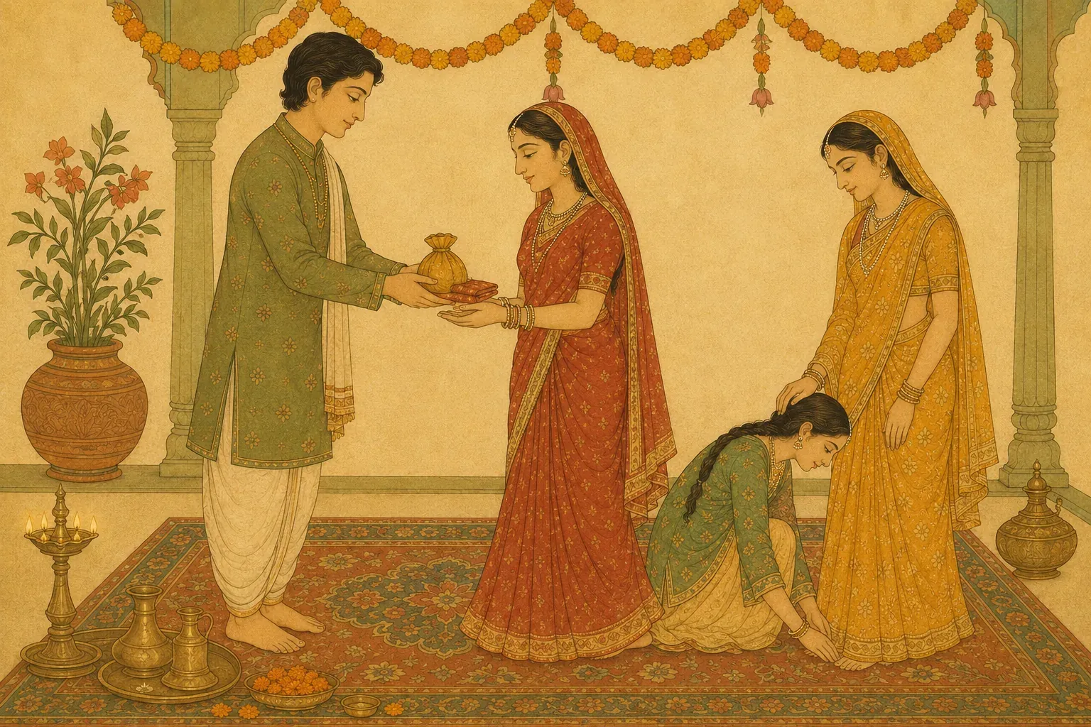 एक युवक स्त्री के हाथों में तोहफ़ा रख रहा है, पास में एक छोटी आकृति बड़ी बहन के पैर छू रही है।