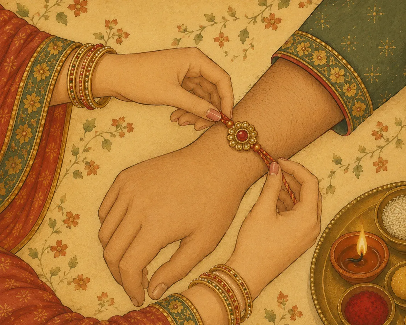 चूड़ियों वाले हाथ एक कलाई पर सजी हुई राखी बाँध रहे हैं, पास में दीया जल रहा है।