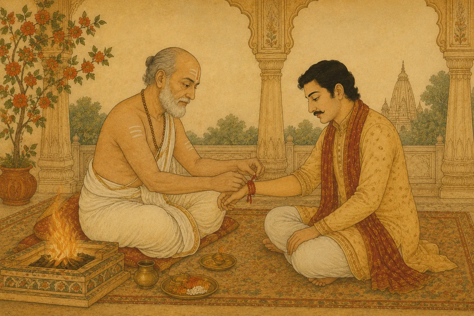 एक बुज़ुर्ग पुरोहित छोटी अग्नि के पास बैठे यजमान की कलाई पर रक्षा-सूत्र बाँध रहे हैं।