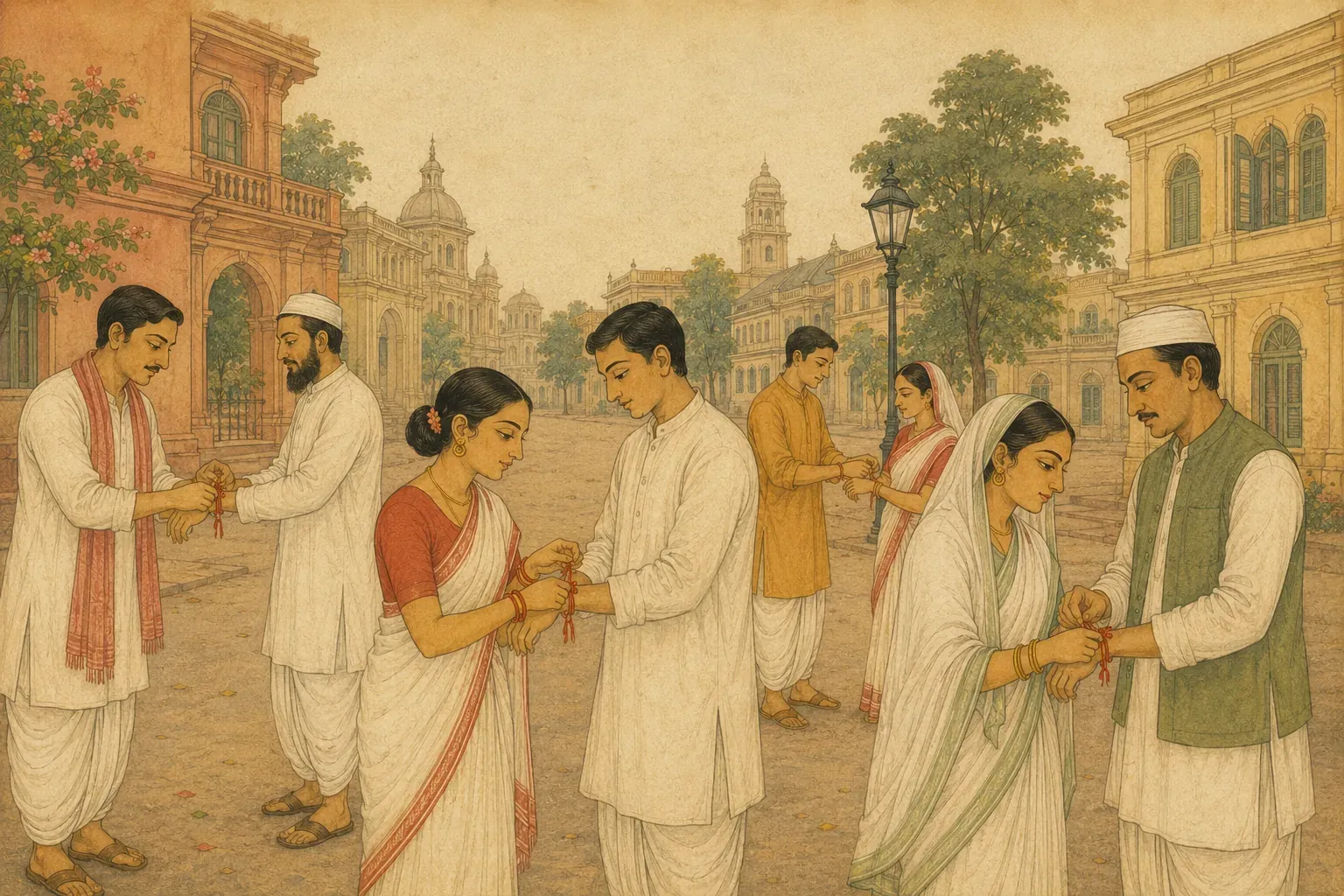 कलकत्ता की एक गली में स्त्री-पुरुष एक-दूसरे की कलाई पर लाल धागे बाँध रहे हैं।